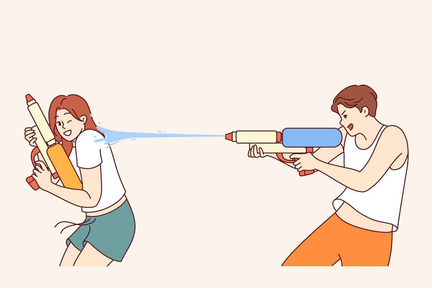 Water gun game for cheerful boy and girl enjoying being doused with water on hot summer day vector