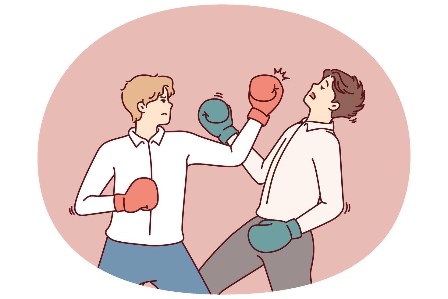 Determined business man in boxing gloves strikes opponent in face, symbolizing fierce competition vector