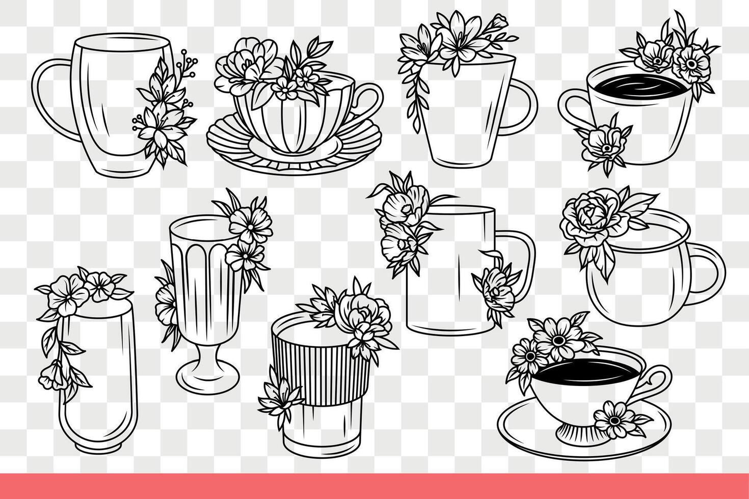 Cups and mugs for hot drinks and delicious tea or coffee during break. Hand drawn vector