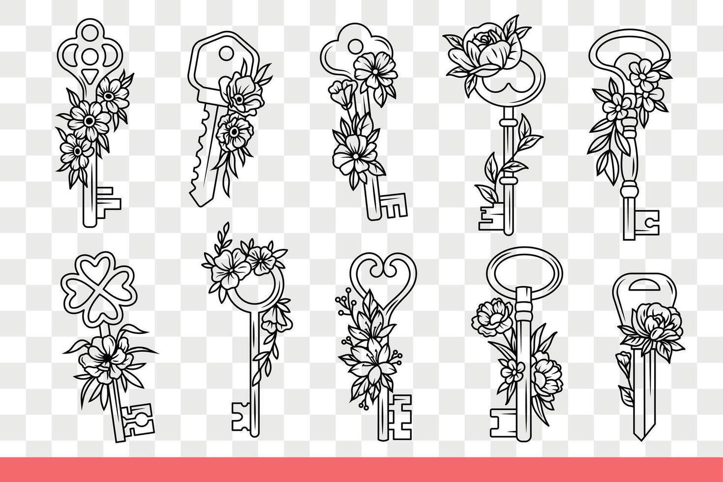Modern and retro style door padlock keys are decorated with flowers. Hand drawn doodle vector