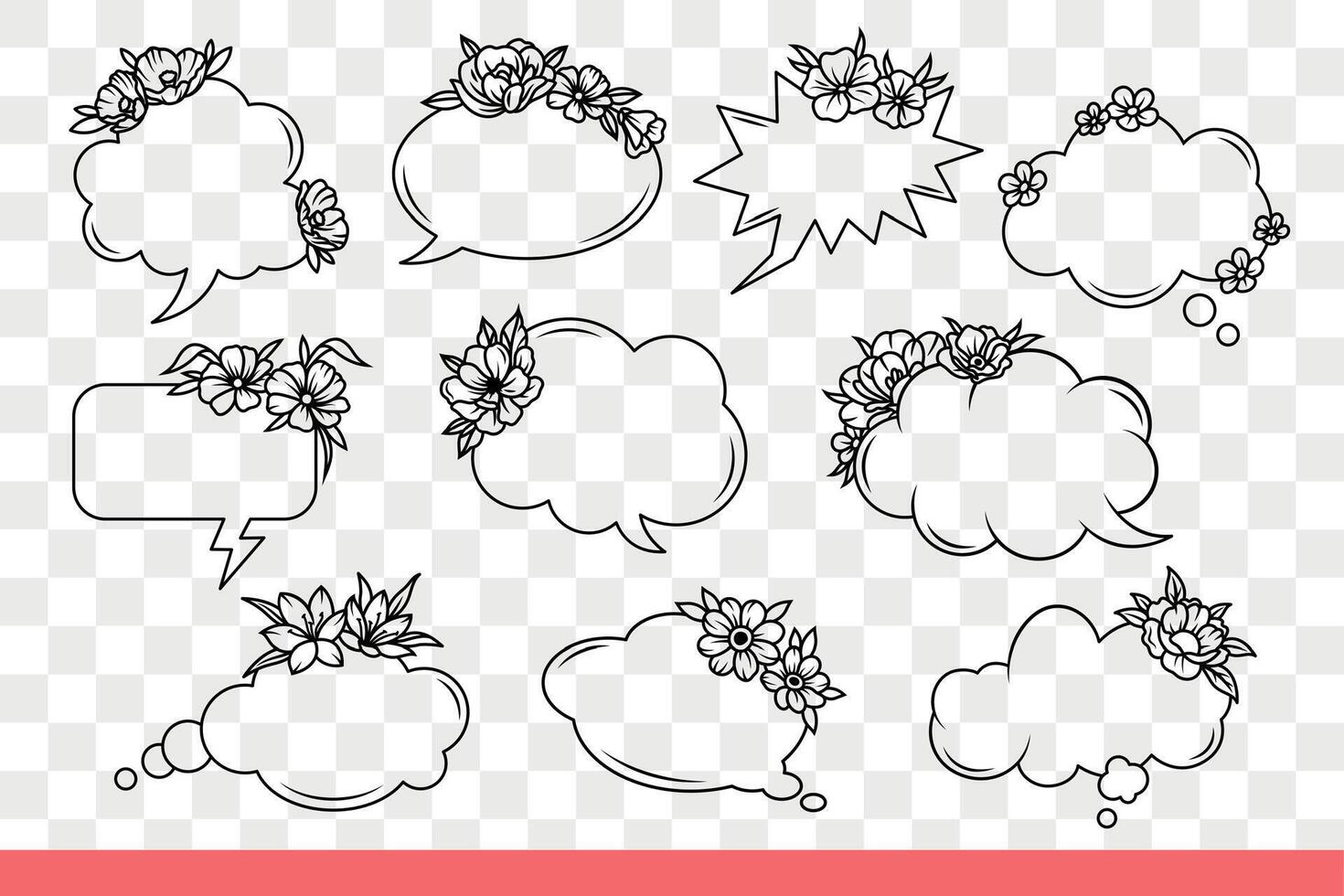Dialogue clouds decorated with flowers to illustrate direct speech or commentary. Hand drawn doodle vector