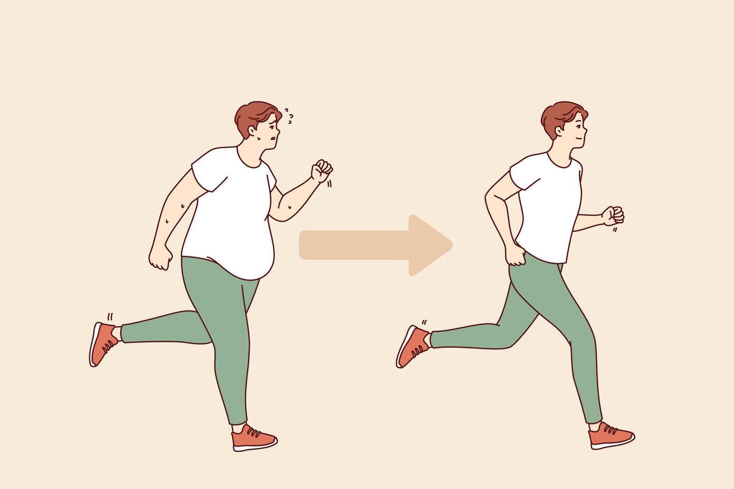 Transformation of fat man turning into thin person, thanks to morning jogging and sports activities vector