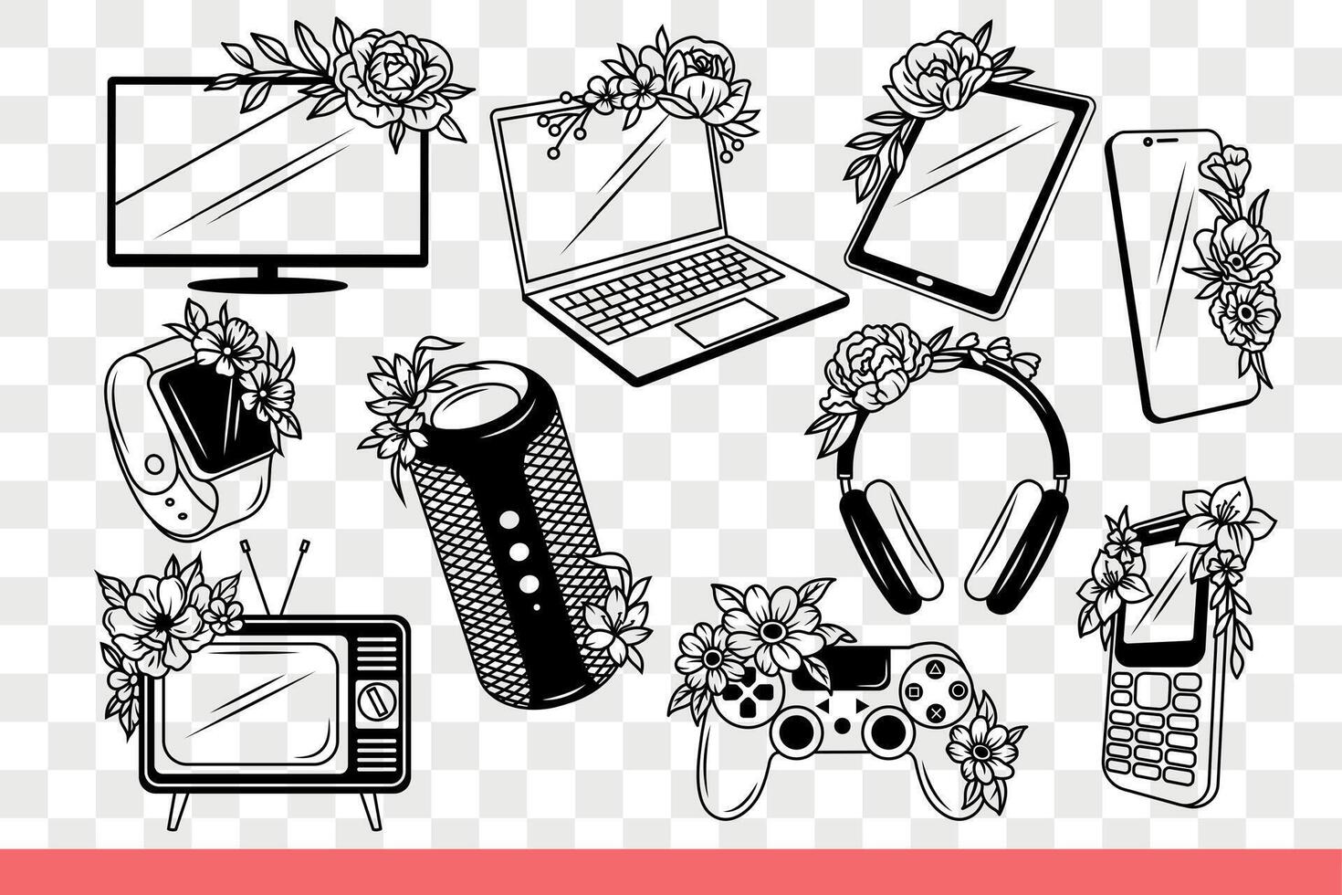 Electronic technology devices and gadgets decorated with flowers. Hand drawn doodle vector