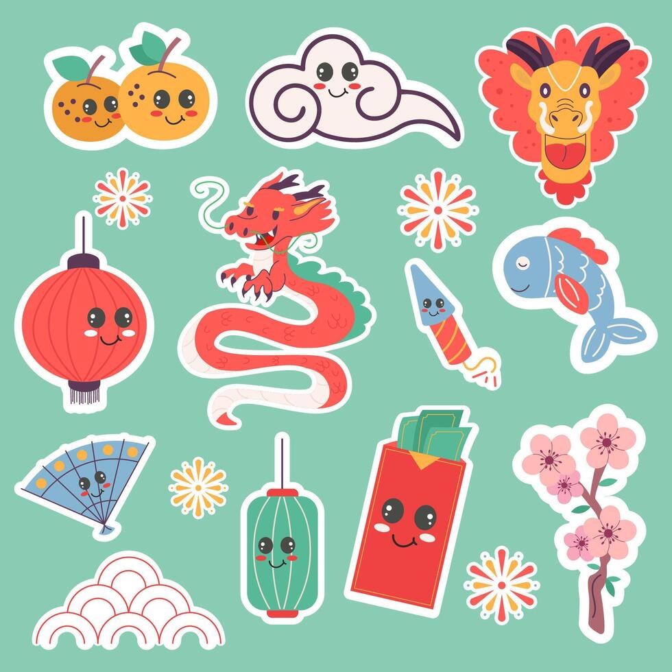 Stickers kawaii elements for chinese new year festival flat design vector