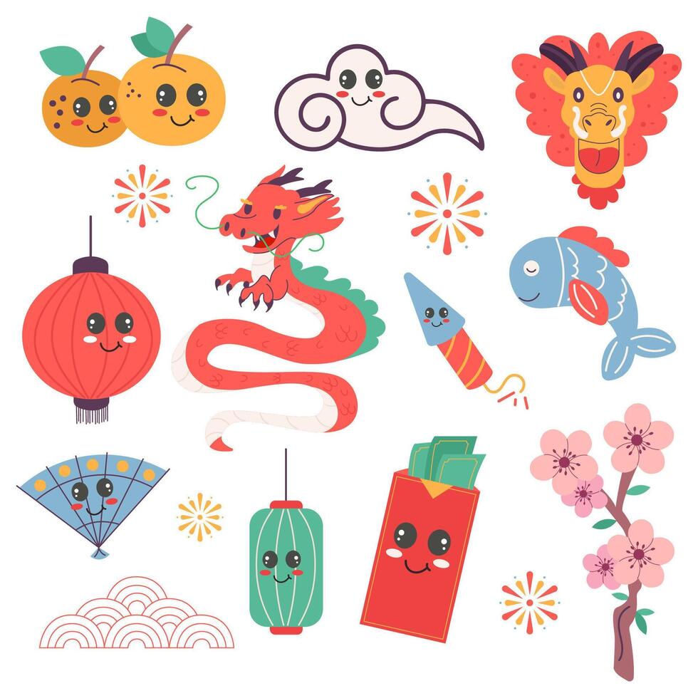 Kawaii elements for chinese new year festival flat design vector