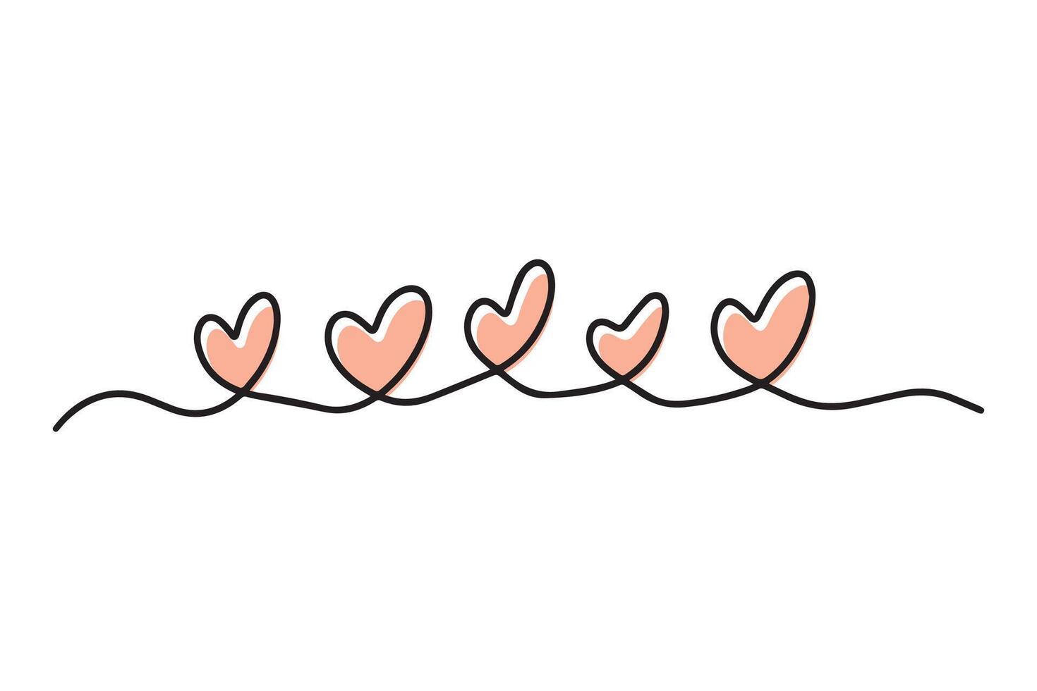 Festive garland with hearts isolated on white background. Love with hearts handwritten, one continuous line. vector