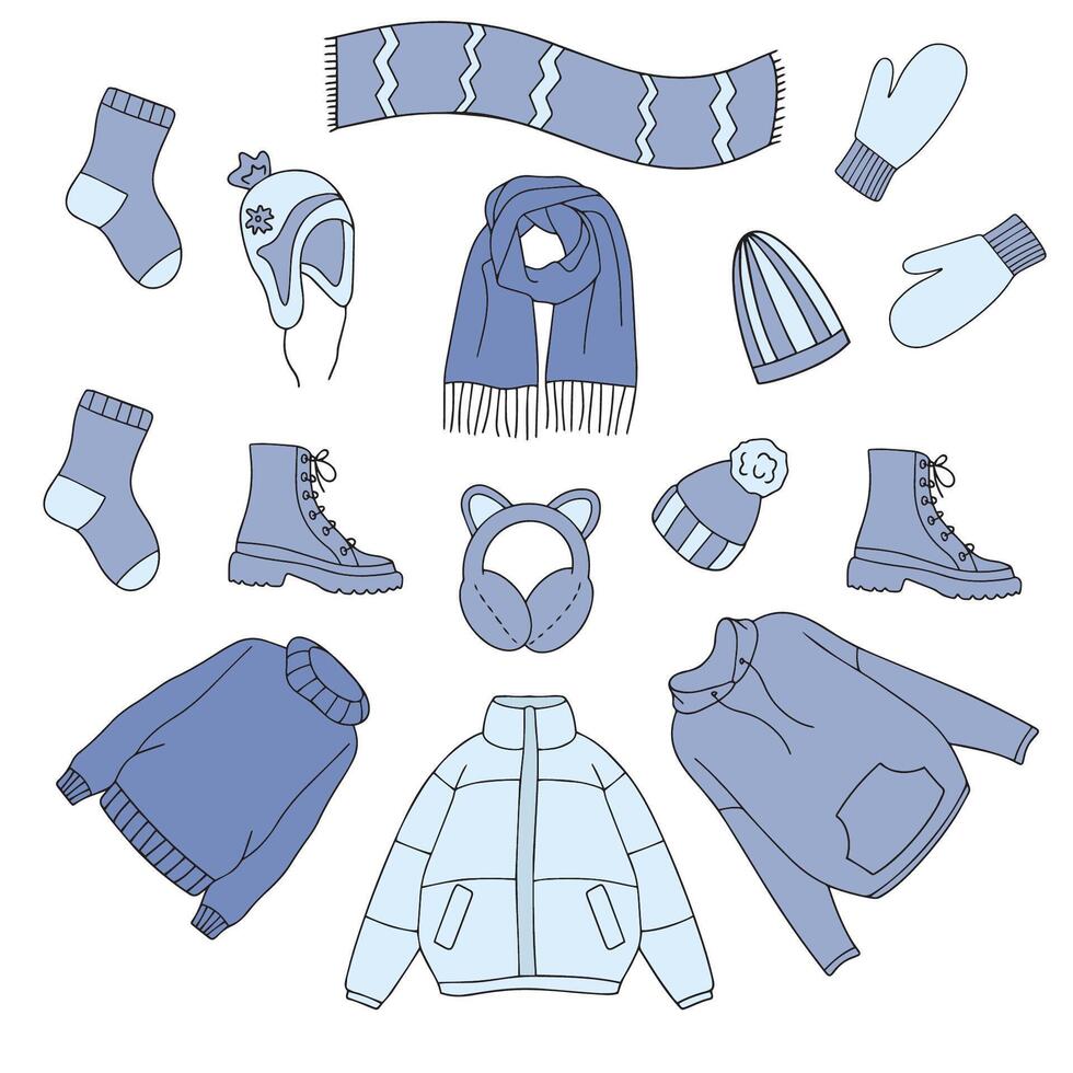 collection of warm autumn-winter clothes in doodle style. collection of warm, cozy clothes and shoes. Seasonal design elements. vector