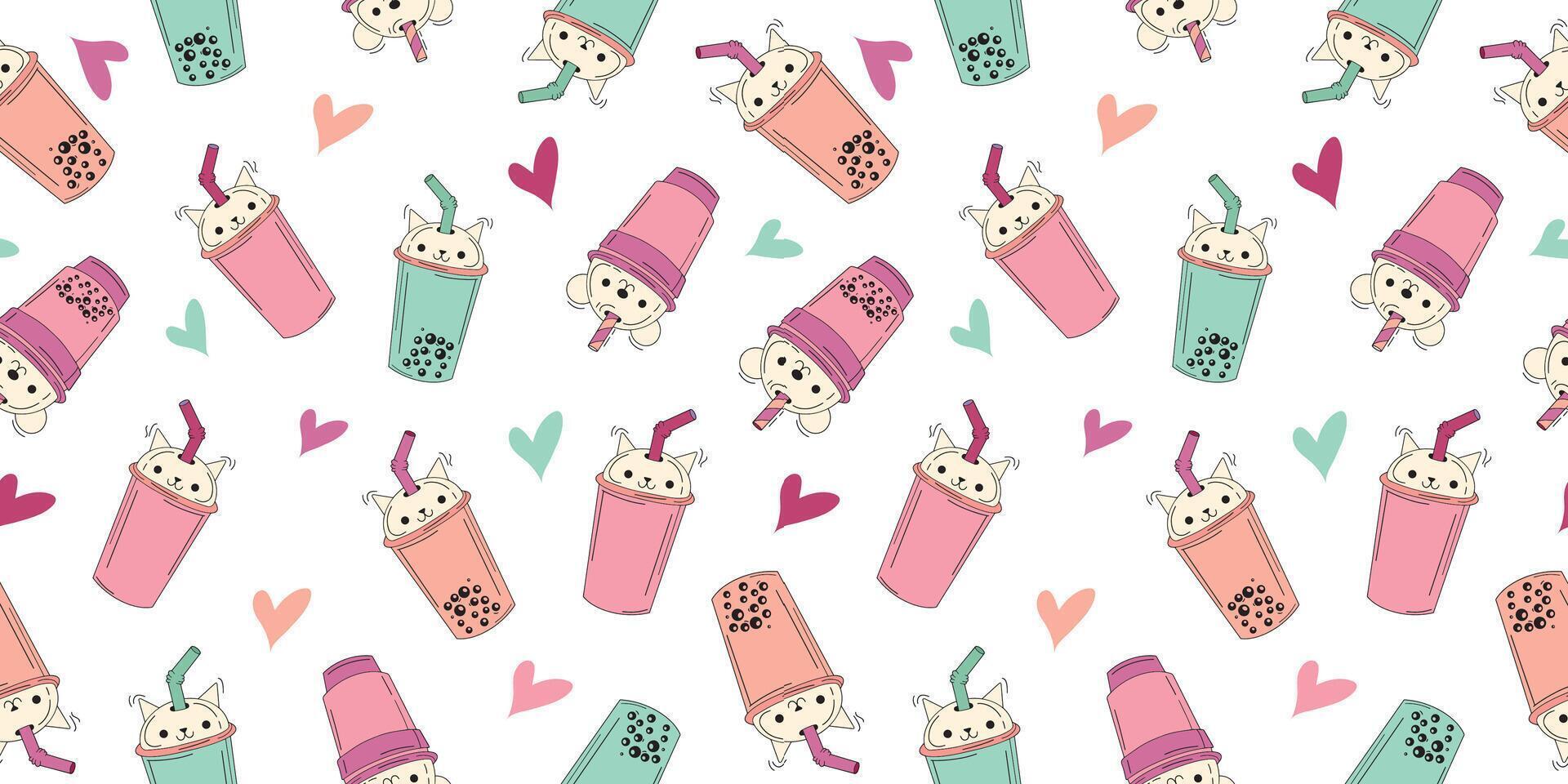 Bubble milk tea funny seamless pattern. Hand drawn kawaii smiled drinks with tapioca pearls. vector