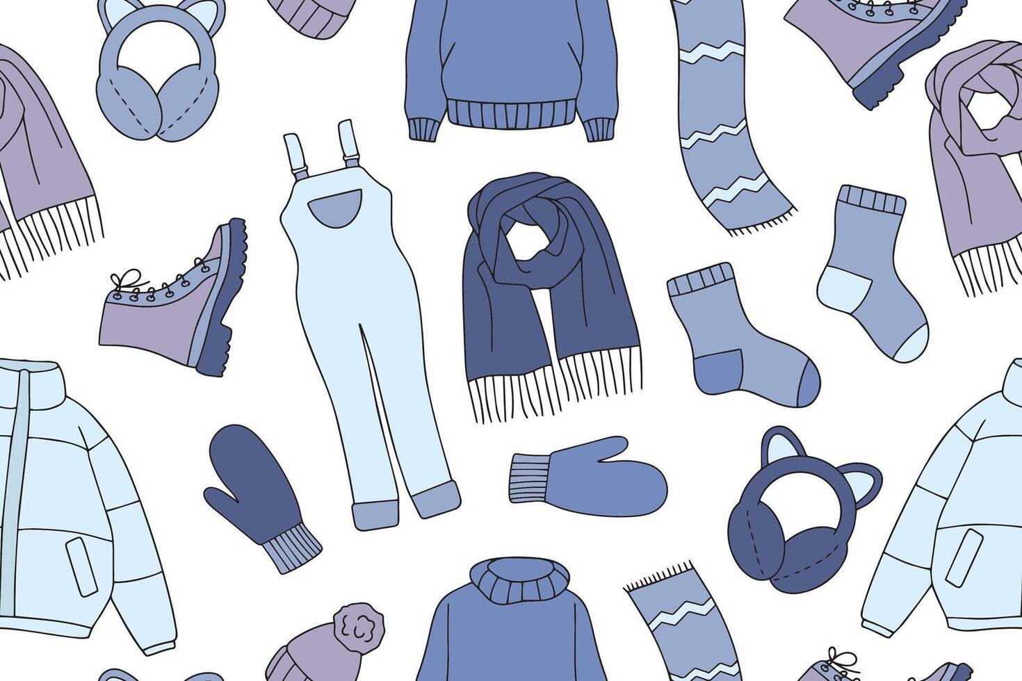 Warm autumn and winter clothes seamless pattern in doodle style. collection vector