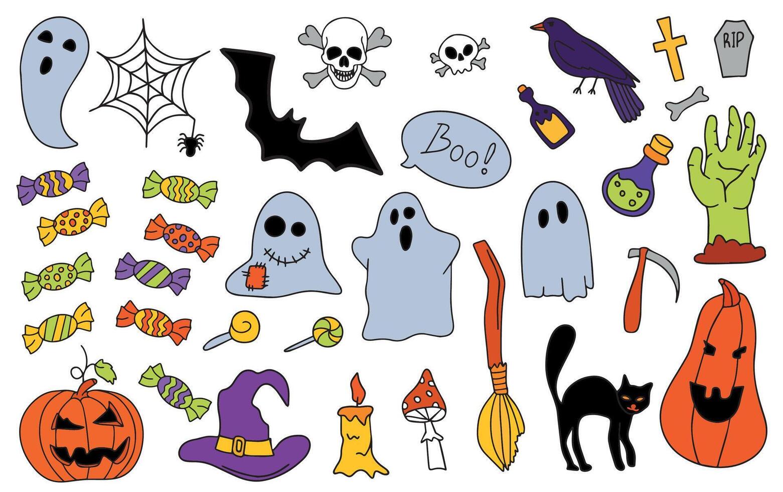 Happy Halloween set. A magical collection of clip art in hand drawn style. Mystical Creative Modern Aesthetic Doodle Elements. vector