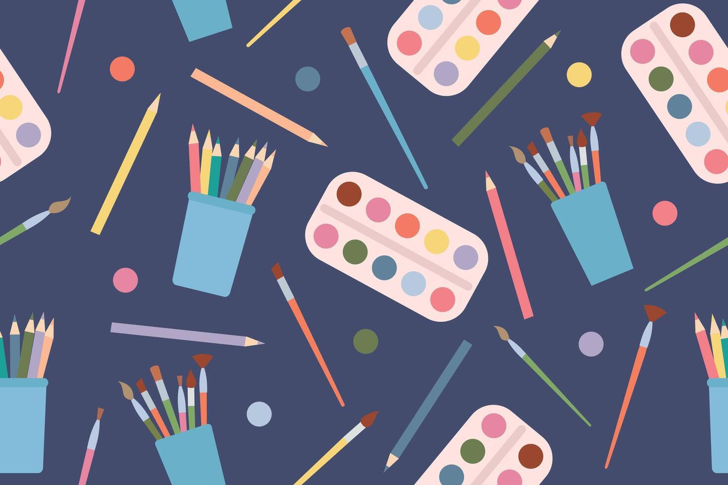 Seamless pattern with art supplies on a blue background. . illustration vector