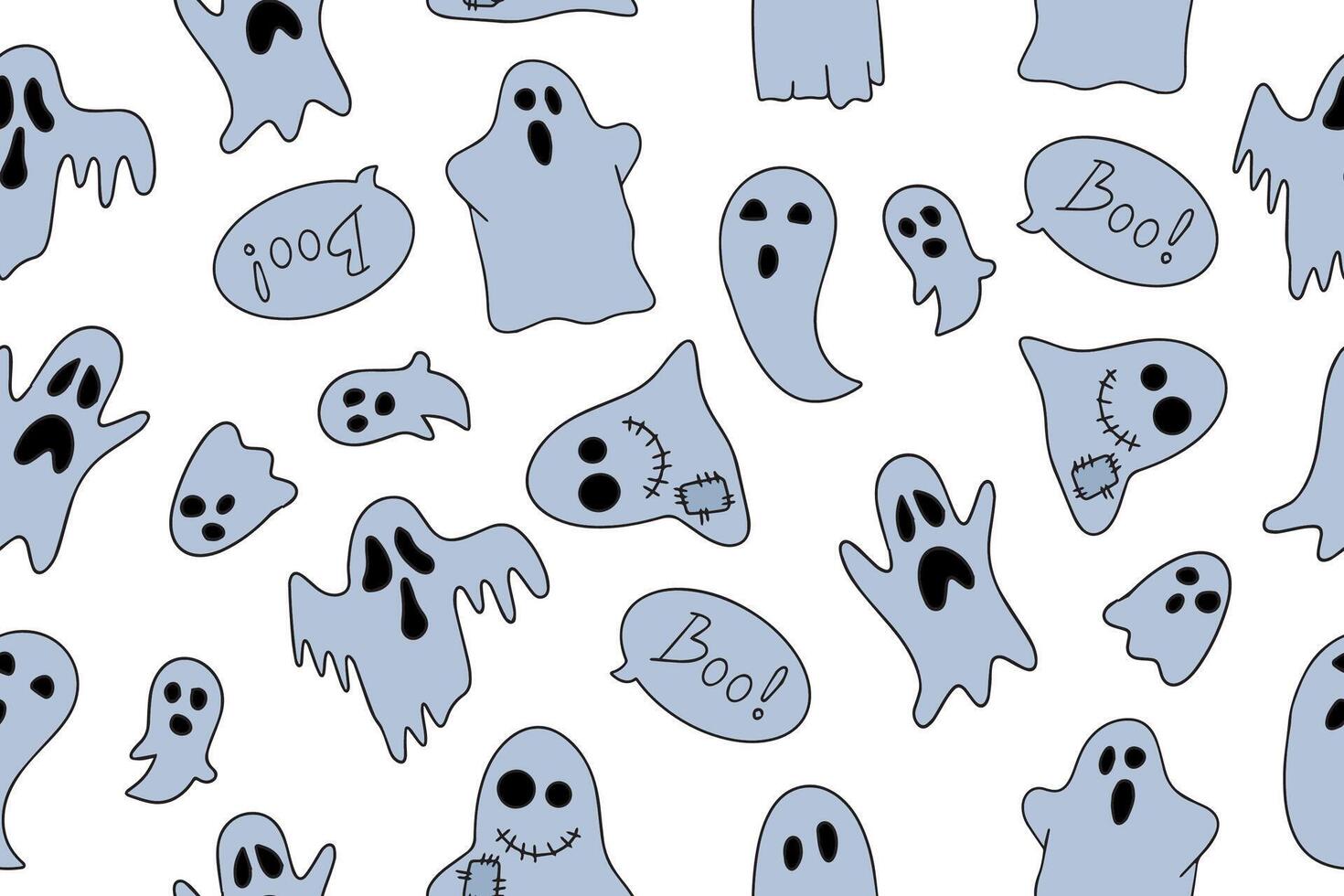 Seamless pattern of cute halloween ghosts in doodle style. Happy Halloween. Horror costume. vector