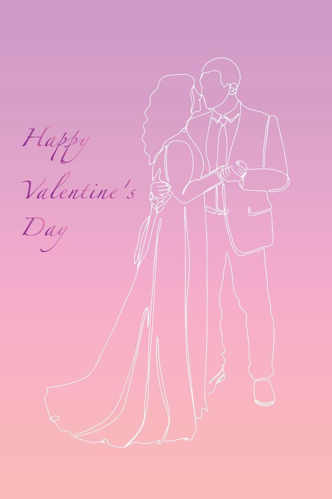 Postcard Happy Valentine's Day. Continuous line drawing of couples who love each other hold hands. illustration. vector