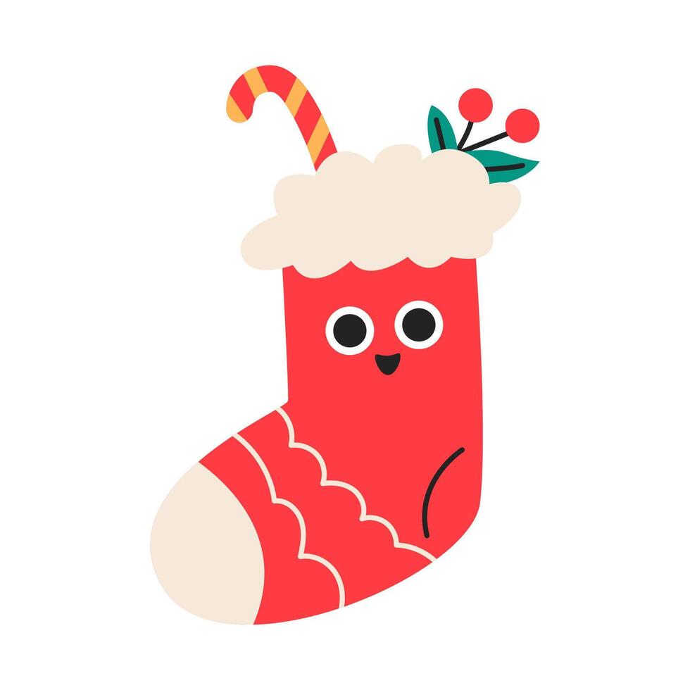 Cute christmas sock character. Merry Christmas and Happy New Year sticker. Flat illustration isolated on white background. vector