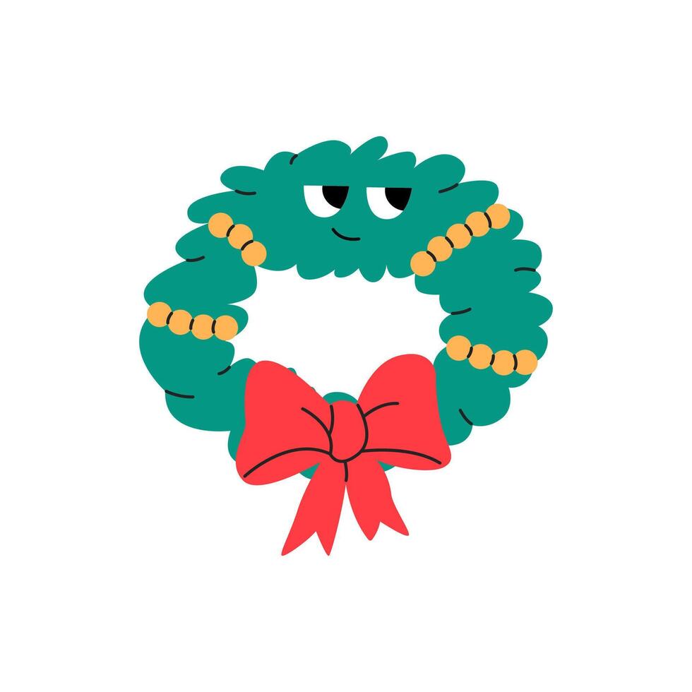 Cute christmas wreath character. Merry Christmas and Happy New Year sticker. Flat illustration isolated on white background. vector