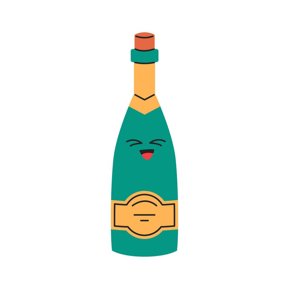Cute bottle of champagne character. Merry Christmas and Happy New Year sticker. Flat illustration isolated on white background. vector