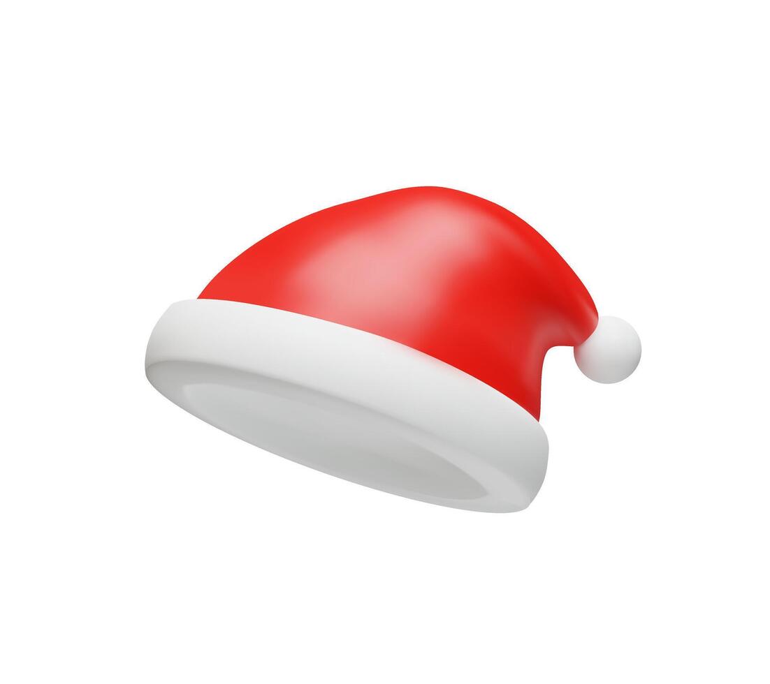 3d rendering Santa Claus hat. Merry Christmas and Happy New Year. Realistic illustration in cartoon style. Tradition cap of costume for December party, holiday event. Fur red head clothing. vector