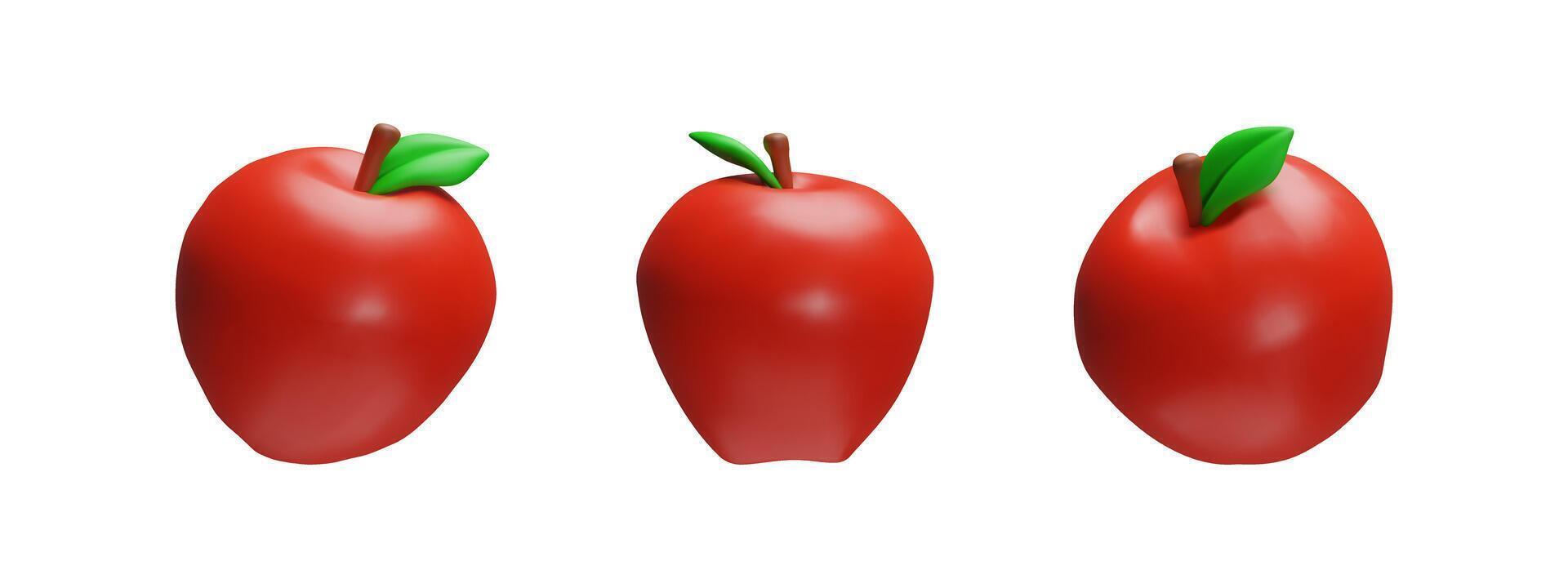 3d juicy red rendering set of apple with leaf. School symbol collection of knowledge, education realistic fruit. illustration in cartoon render style. Organic ripe health sweet vegetable. vector