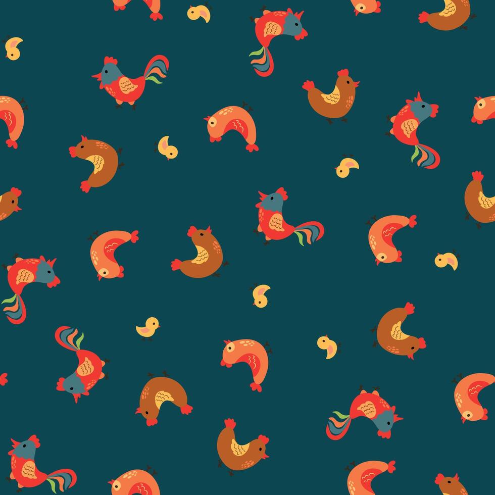 Seamless pattern with hens and roosters. Design for fabric, textiles, wallpaper, packaging. vector