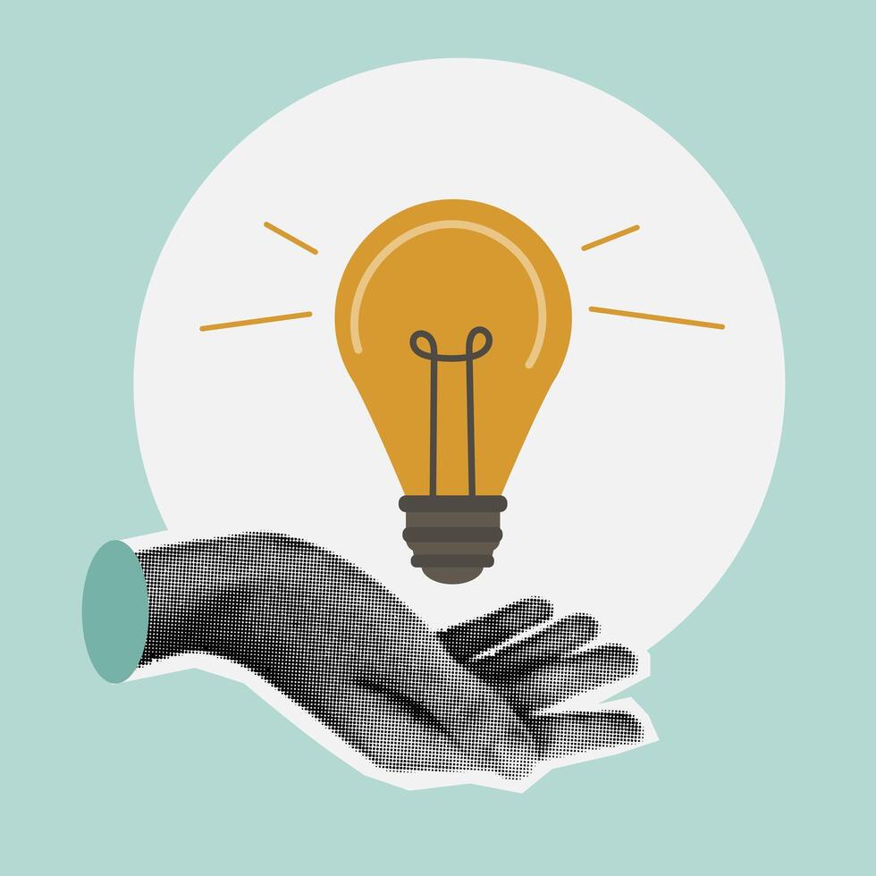 Halftone hand holds light bulb in trendy vintage style. Creative idea generation or brainstorm concept. Design element. Pop art vector