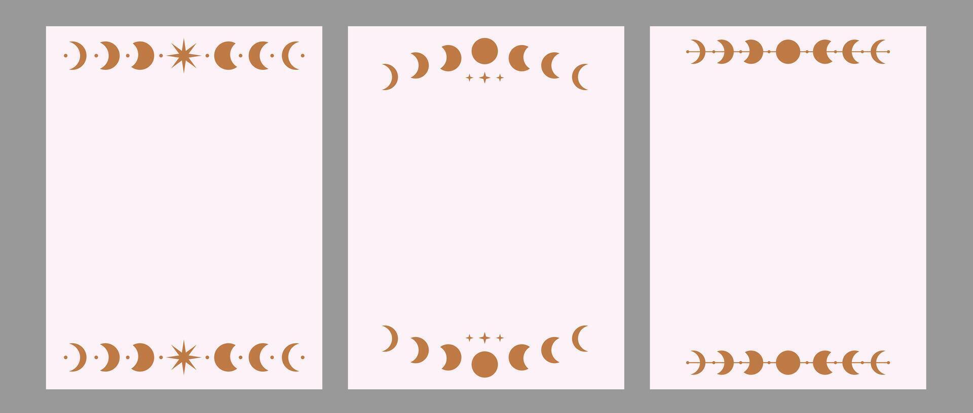 Set of vertical poster mystic magic moon line. Crescent golden moons and stars dividers. Background with yellow astrology ornament. vector