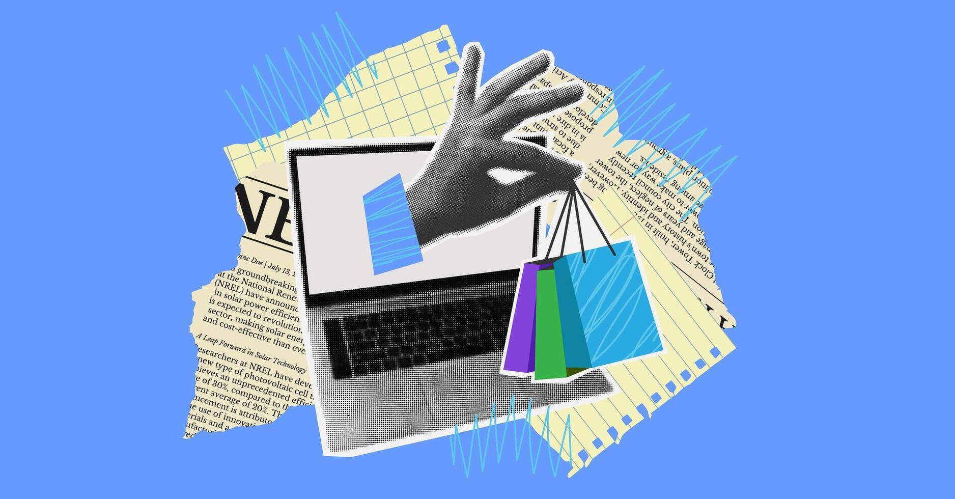 Halftone hand holds shopping package in trendy vintage style. Shopping online concept. Banner with laptop hand give packet. vector