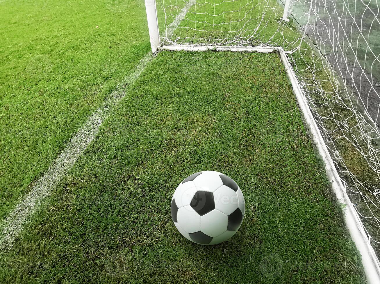 A soccer ball lies on a soccer field with green grass in a goal net after a goal scored by an athlete photo