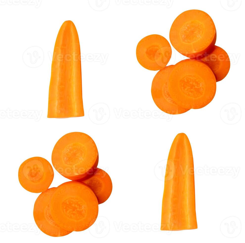 Top view set of fresh orange carrot slices or pieces in stick and circle shape in stack isolated on white background photo