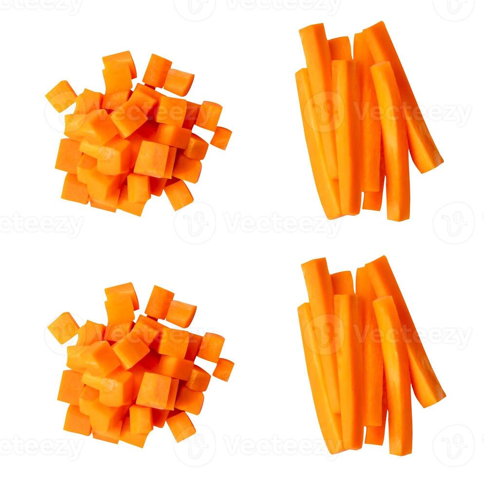 Top view set of orange carrots in cube shape and stick in stack isolated on white background photo