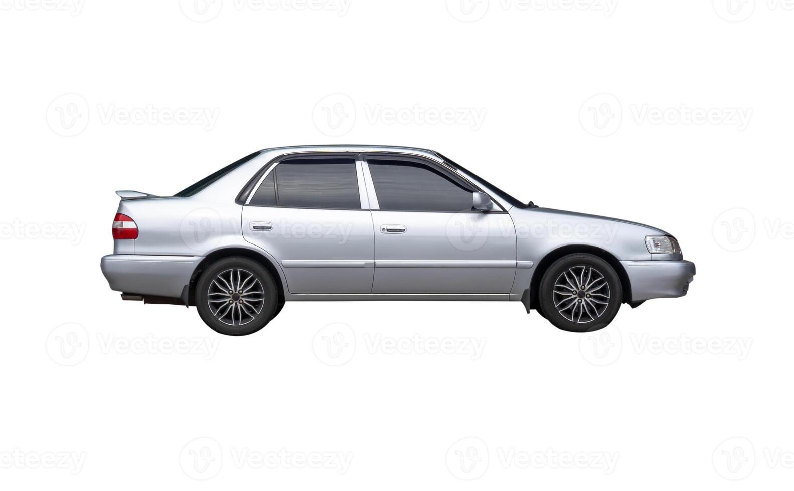 Side view of gray or silver sedan car isolated on white background with clipping path photo