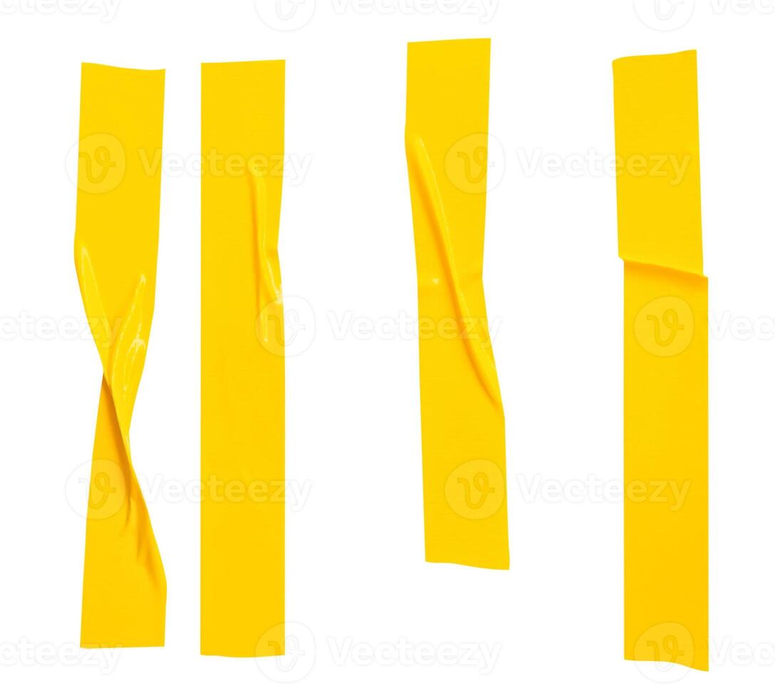 Top view set of wrinkled or crumpled yellow adhesive vinyl tape or cloth tape in stripe shape isolated on white background with clipping path photo
