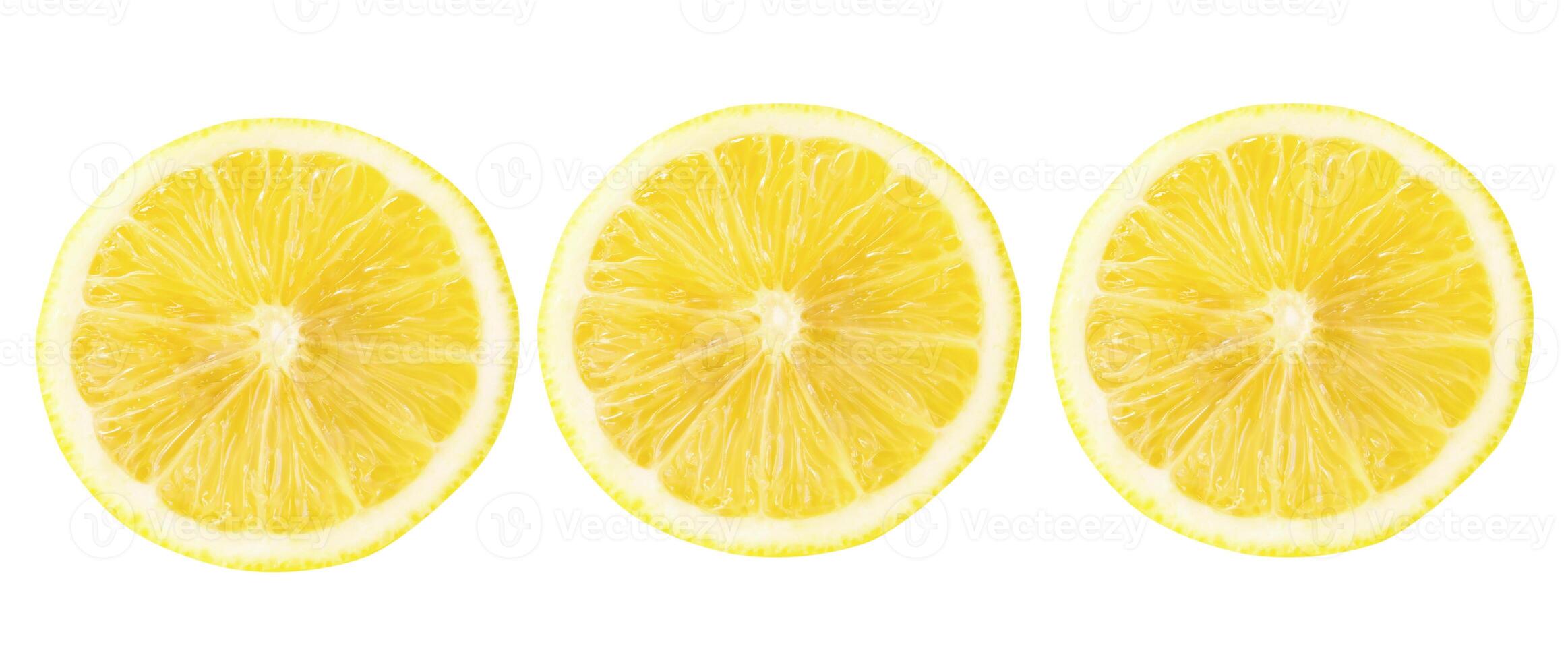 Top view set of three fresh yellow lemon halves isolated on white background with clipping path photo