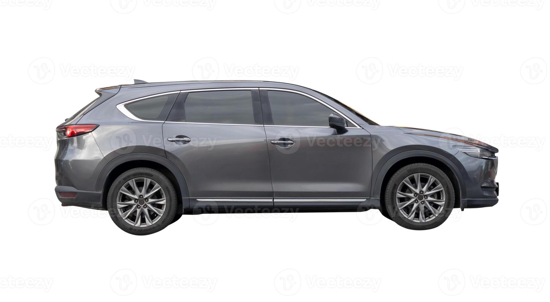 Side view of dark gray hatchback car isolated on white background with clipping path photo