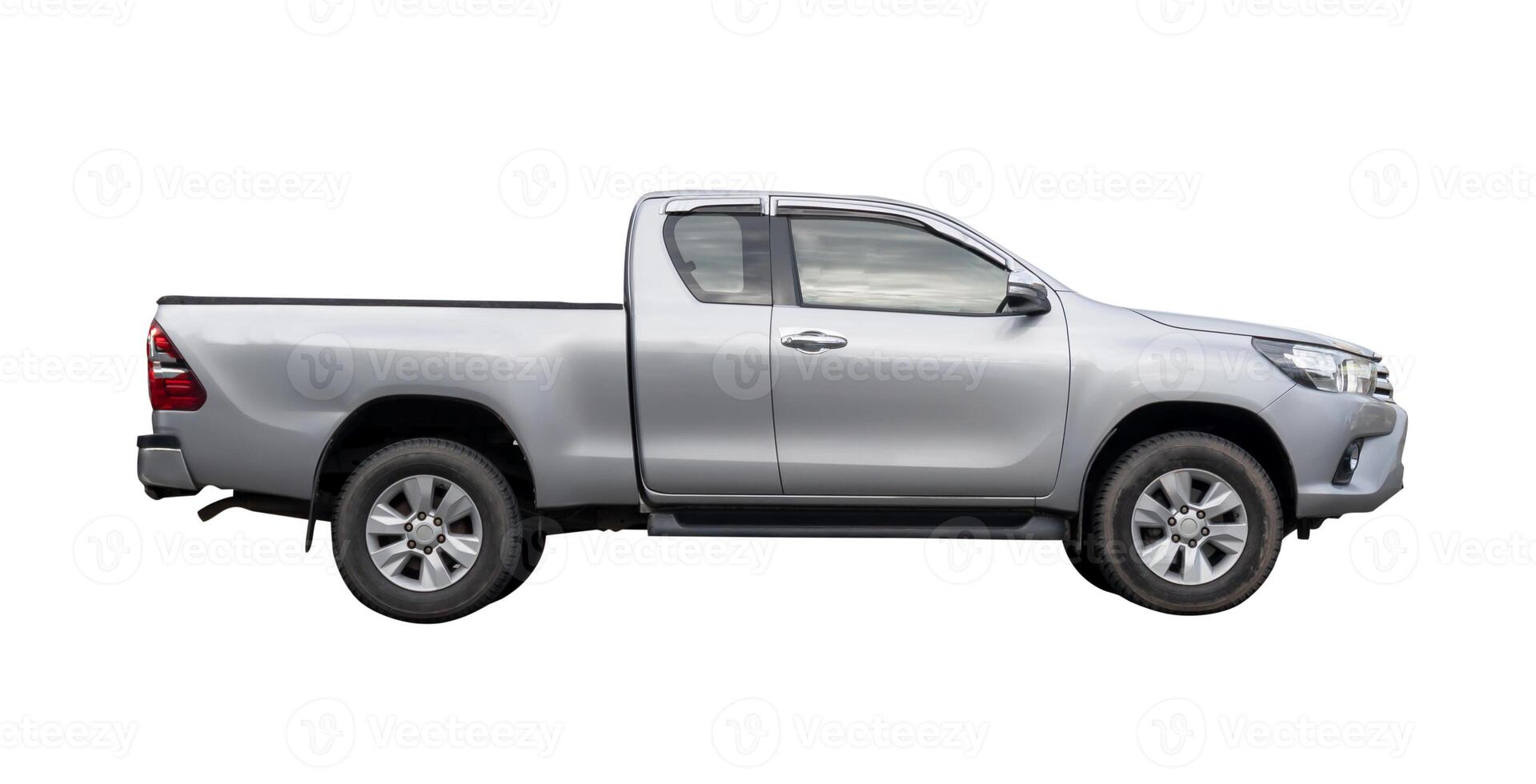 Side view of gray pickup truck isolated on white background with clipping path photo