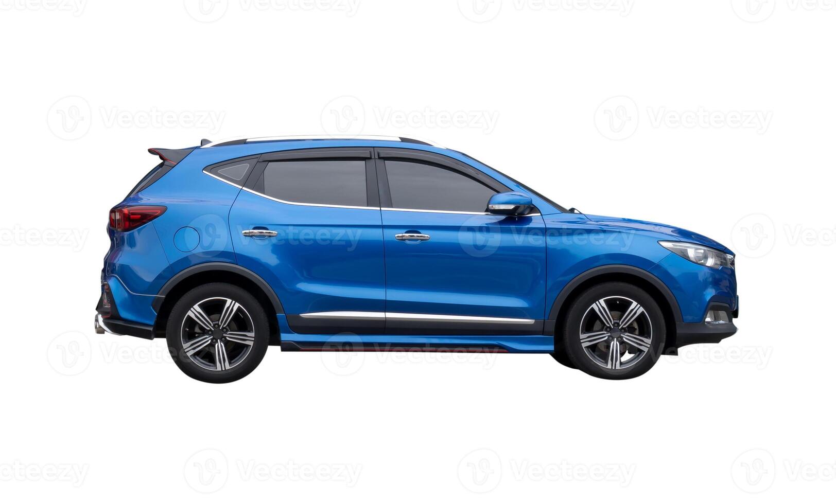 Side view of beautiful blue hatchback car isolated on white background photo