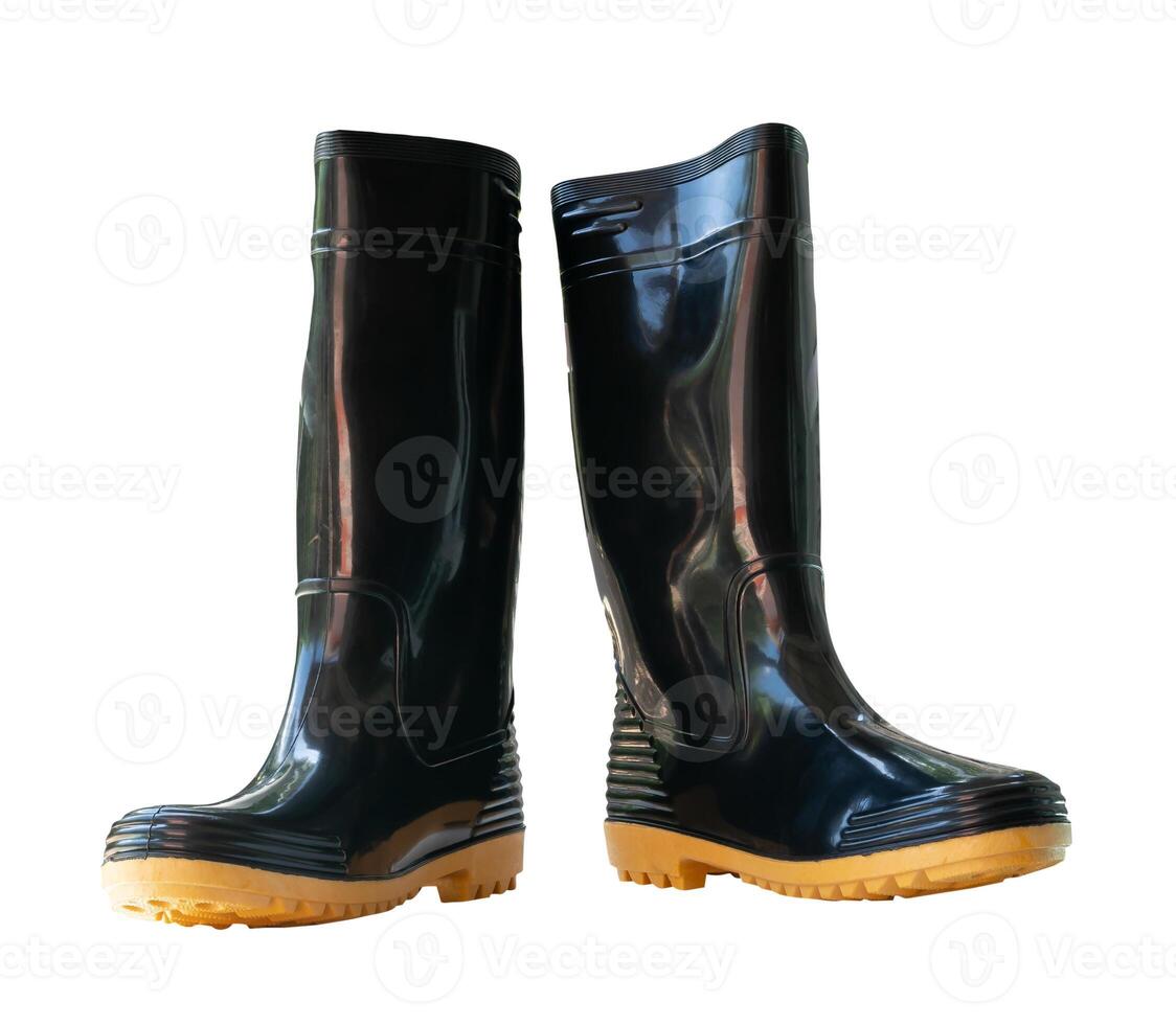 Front view of two sides of black gumboots or rubber boots isolated on white background with clipping path photo