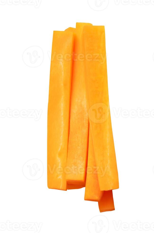 Top view of fresh orange carrot slices or pieces in stick shape in stack isolated on white background with clipping path photo