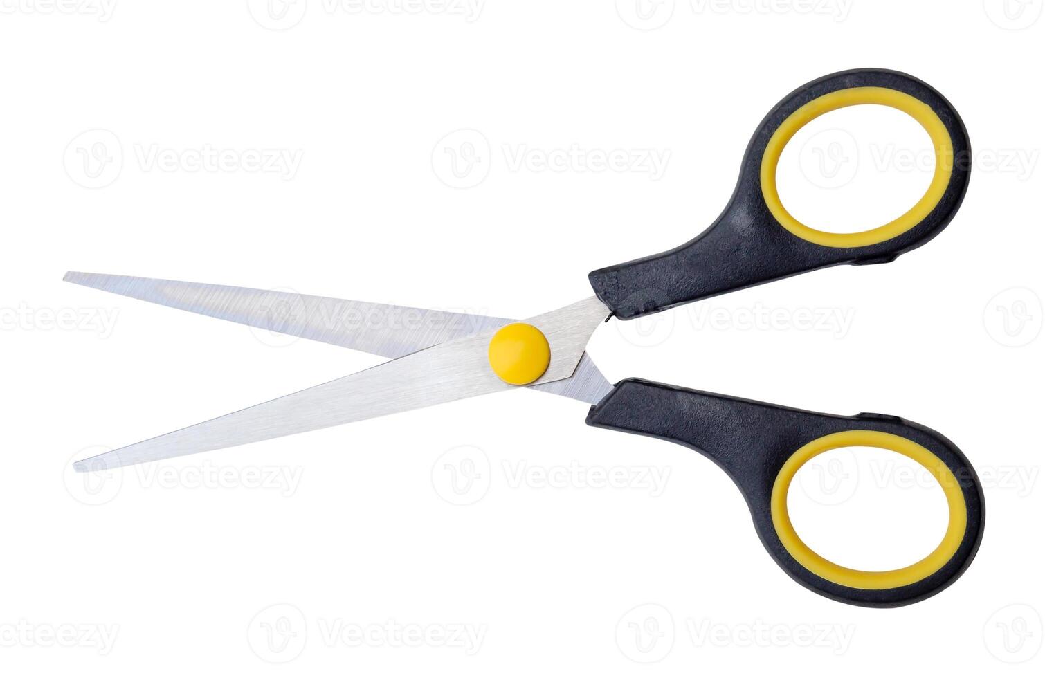 Top view of pair of multipurpose scissors with black and yellow handle isolated on white background with clipping path. photo