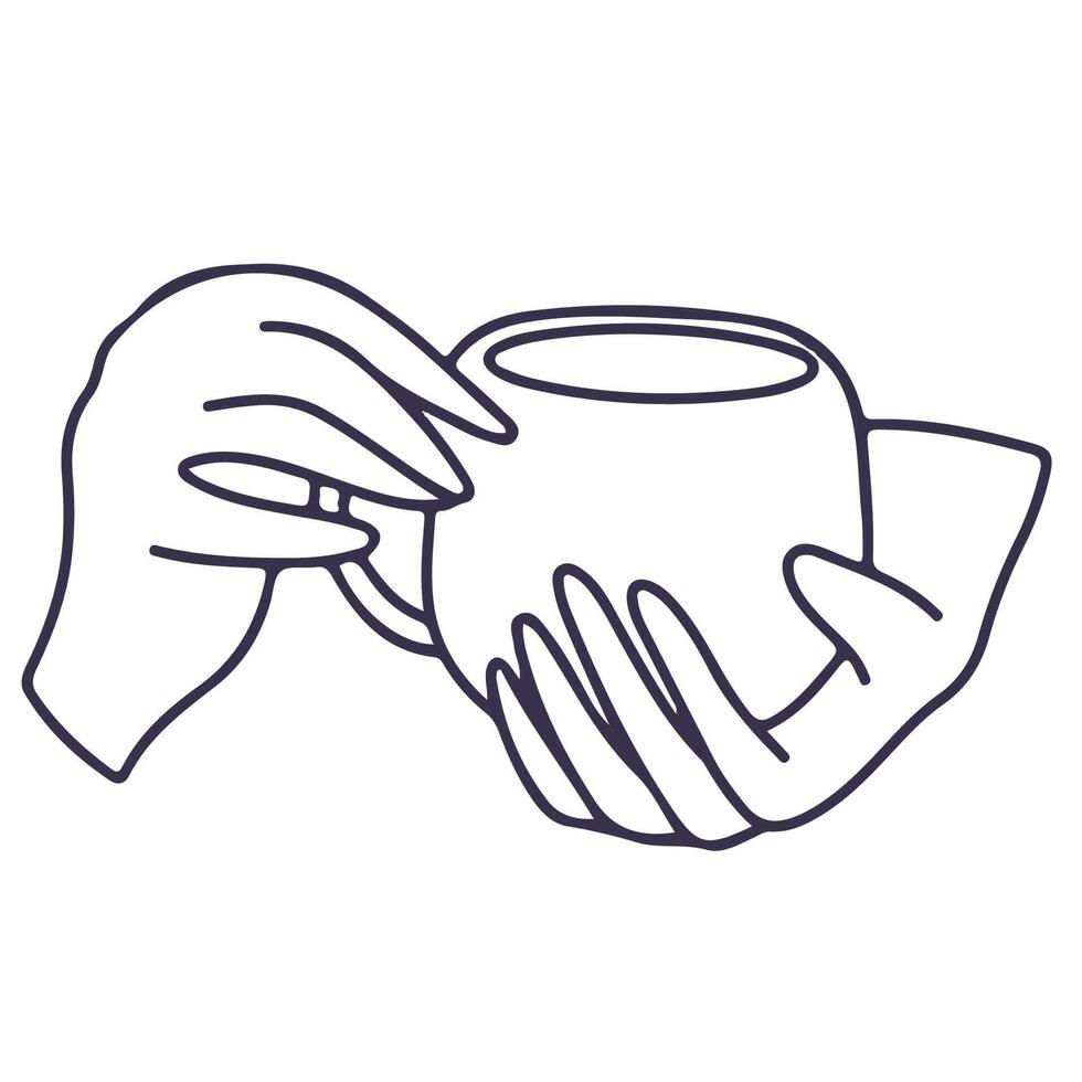 Line illustration of hands holding tea of coffee cup. The fingers of one hand are delicately wrapped around the handle, the other hand is holding the bottom of the mug. icon isolated on white. vector