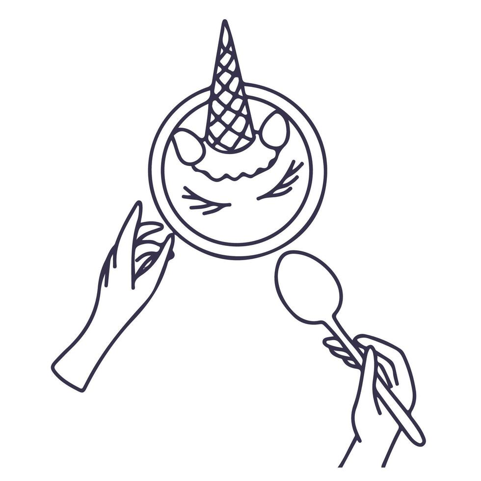 Hand keep spoon and bowl with smoothie with unicorn ice cream strawberry ears line style. icon isolated on white background. Hand drawn vector