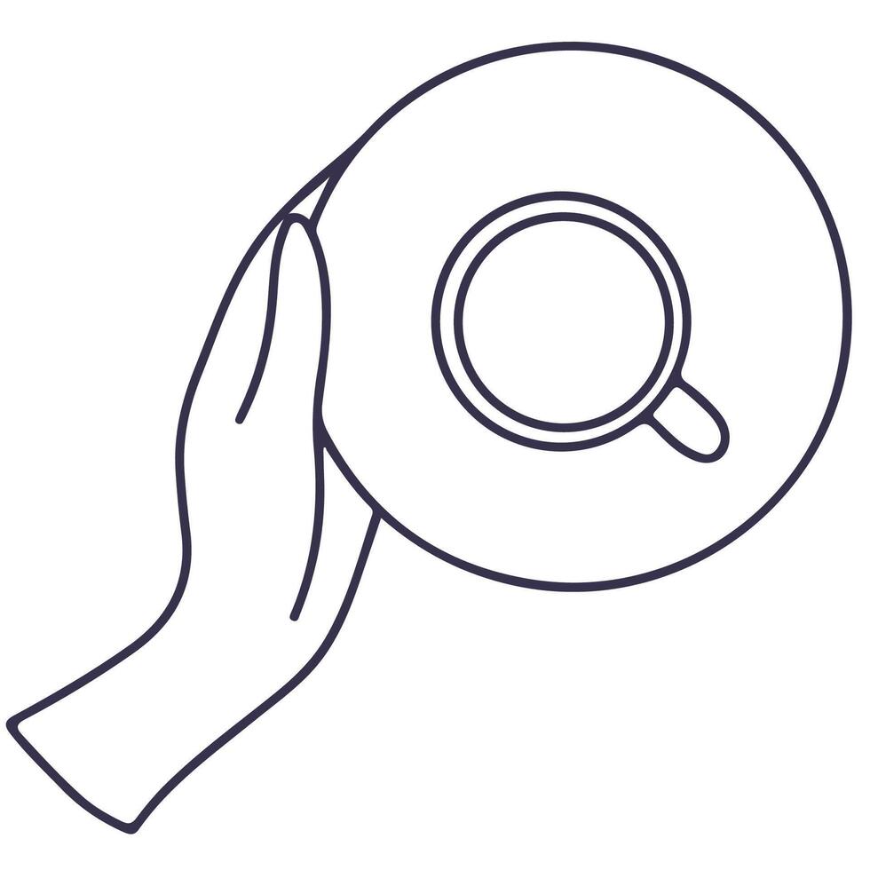 Line illustration of hand holding cup. The fingers are keeping the handle. View from above. icon isolated on pink background. vector