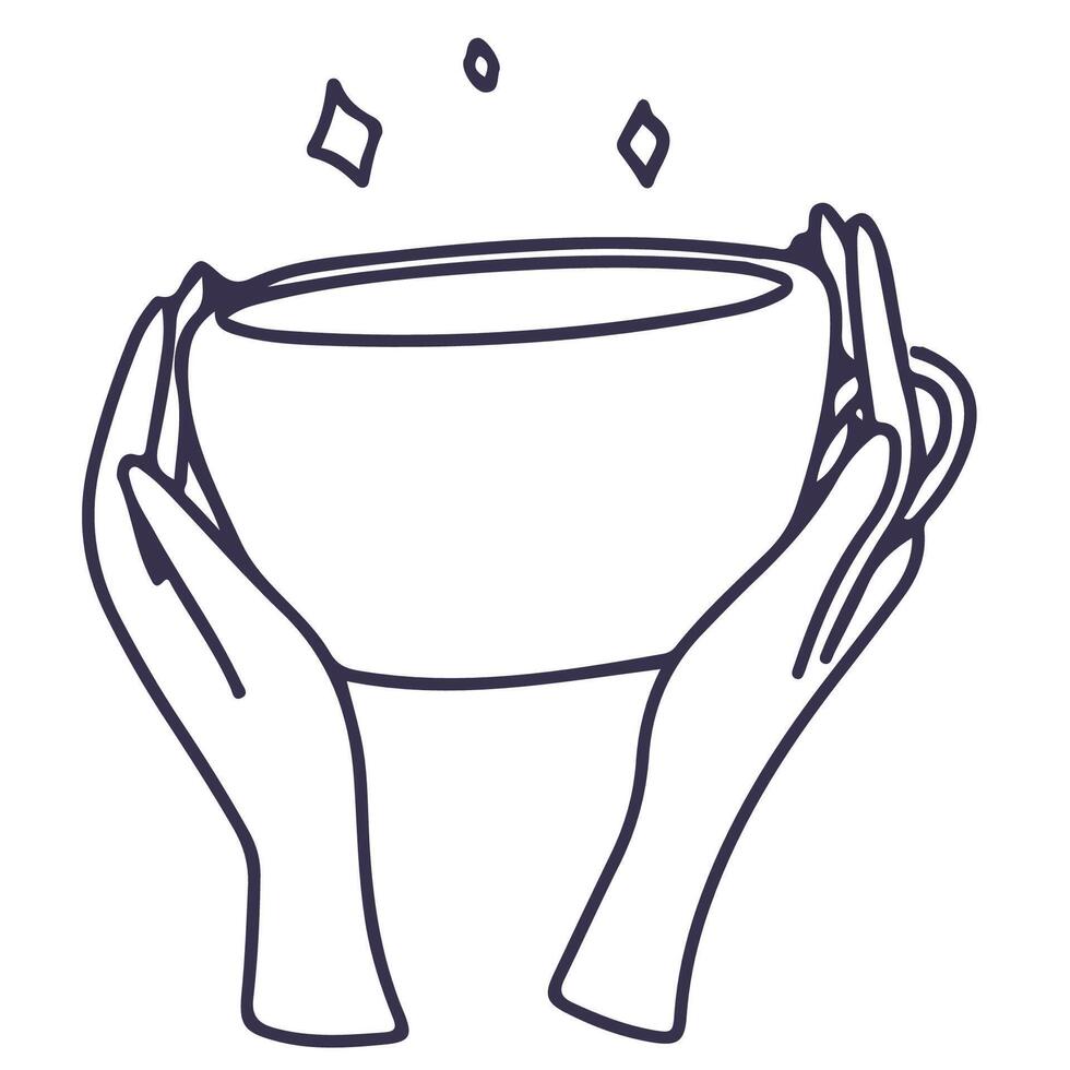 Line illustration of hands holding white cup. The fingers are wrapped around warm drink. icon isolated on white background. vector