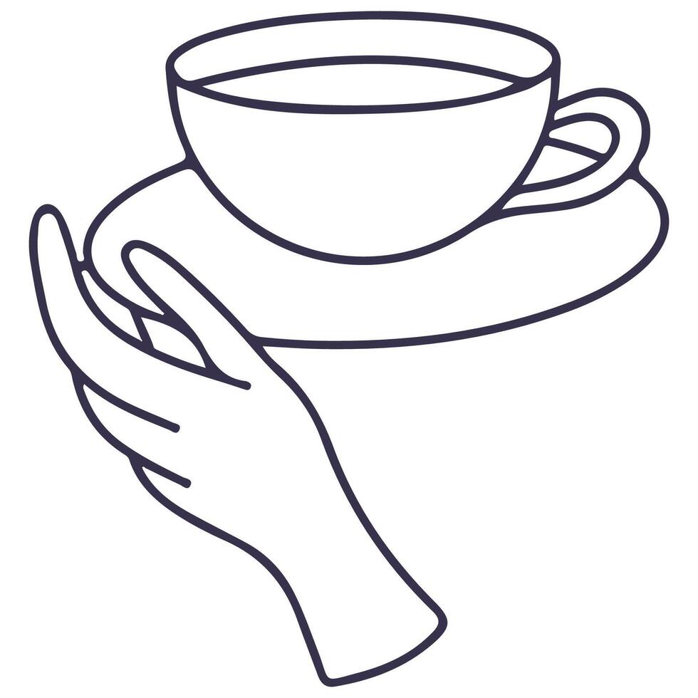 Line illustration of hand holding coffee cup with saucer. Wrist keep the plate. icon isolated on white background. vector