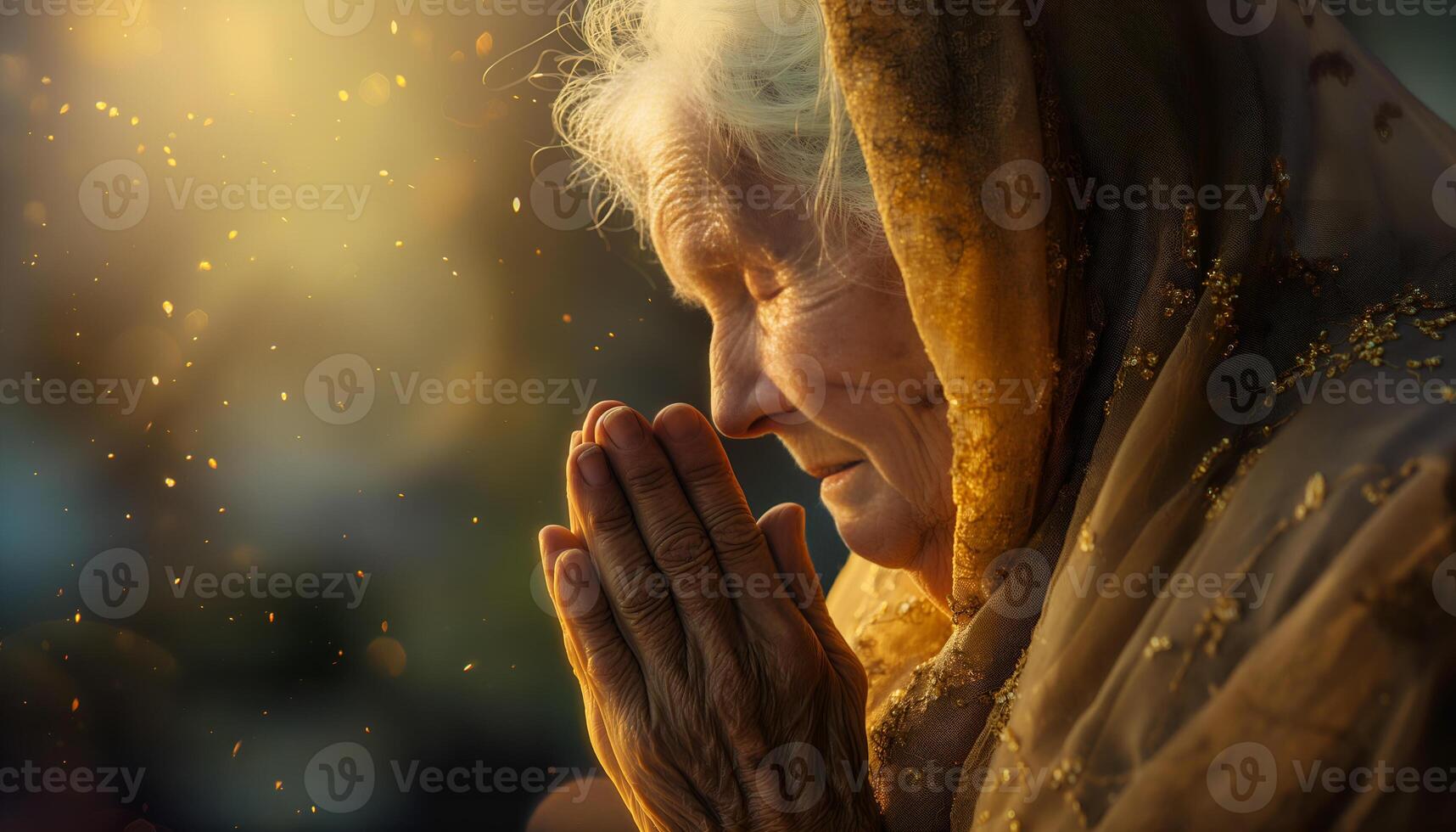 Elderly woman in prayer to god photo