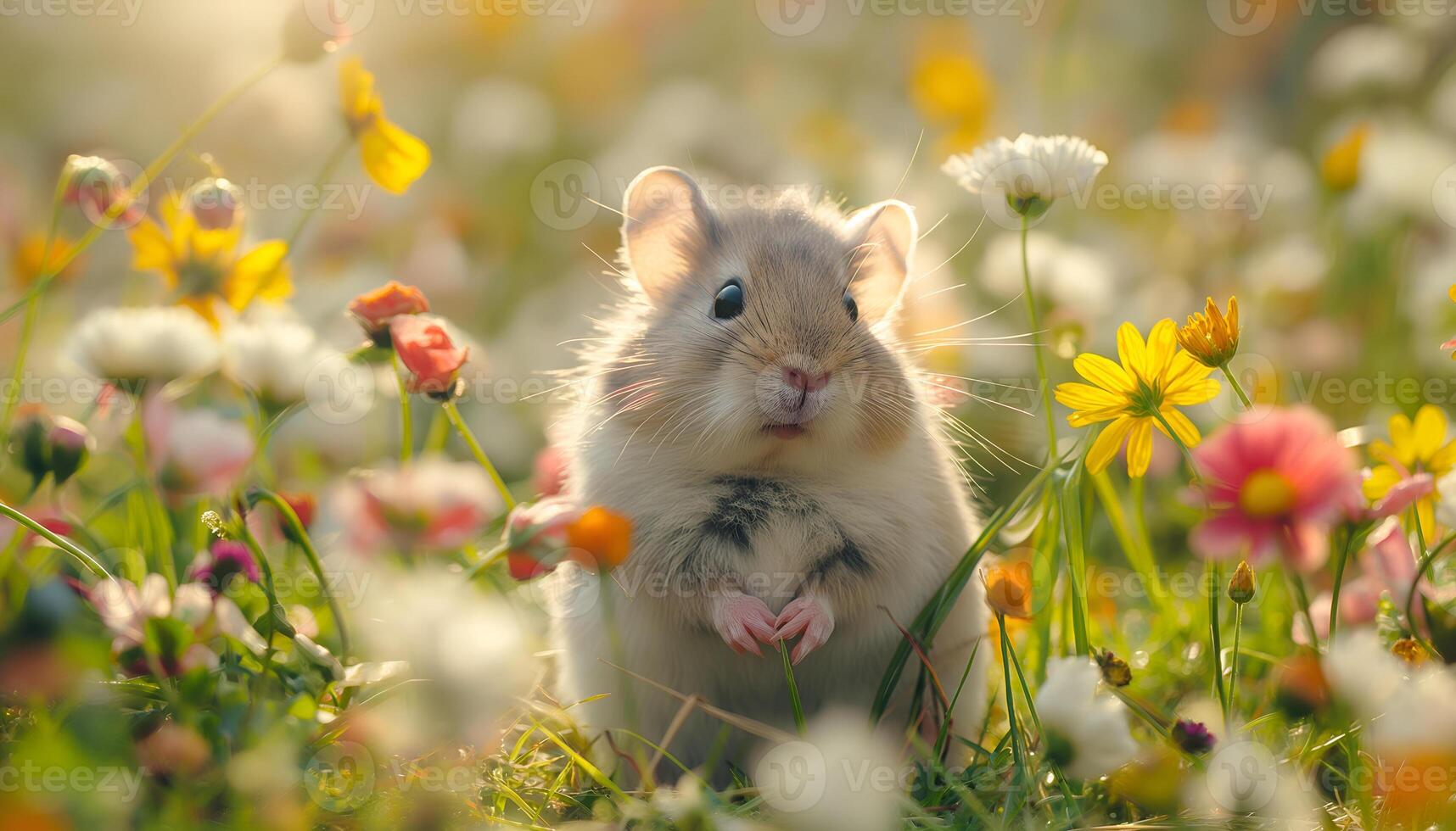 guinea pig hamster on grass with flowers photo