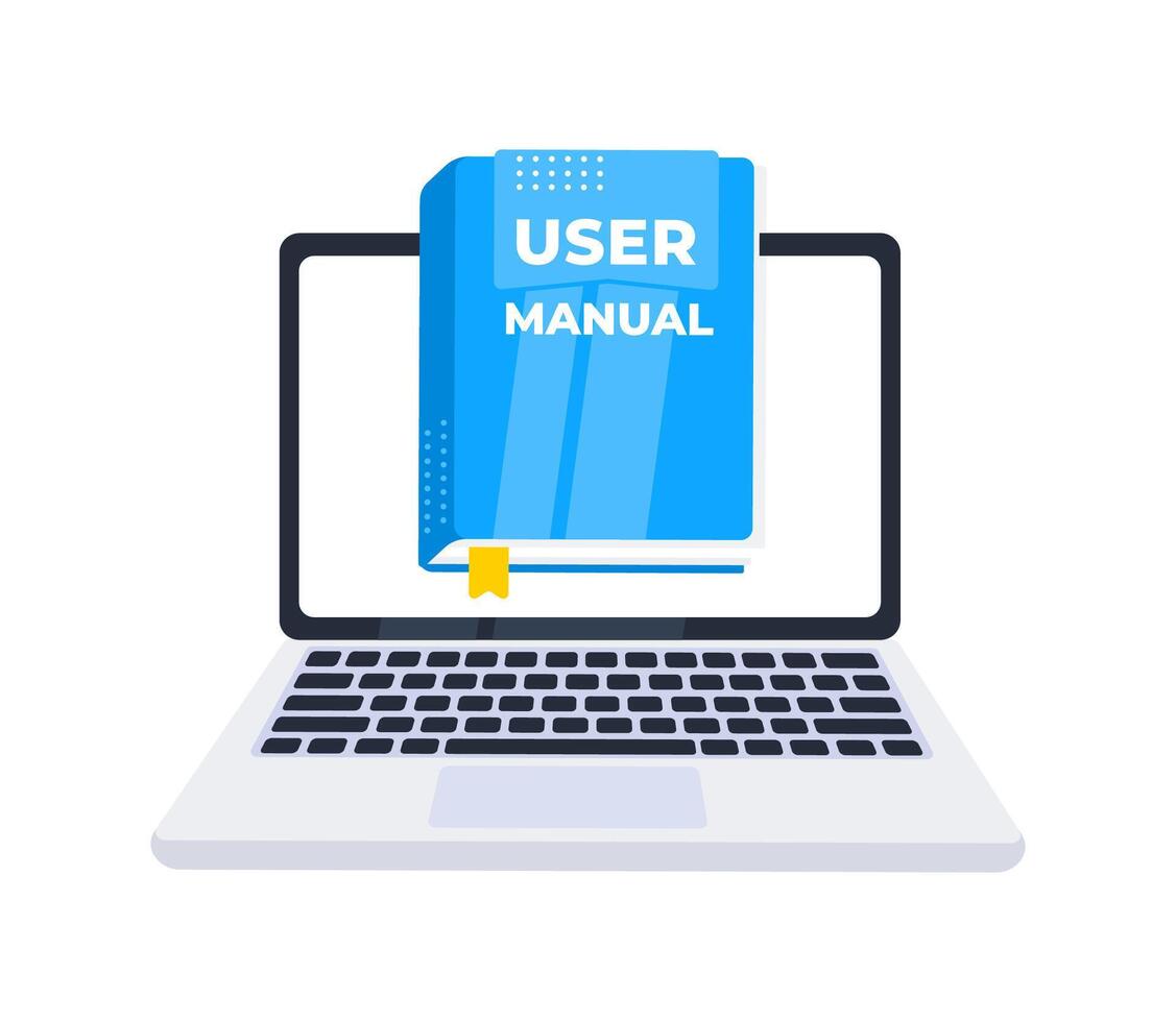 Online user manual displayed on a laptop screen, providing digital guidance and support for users vector