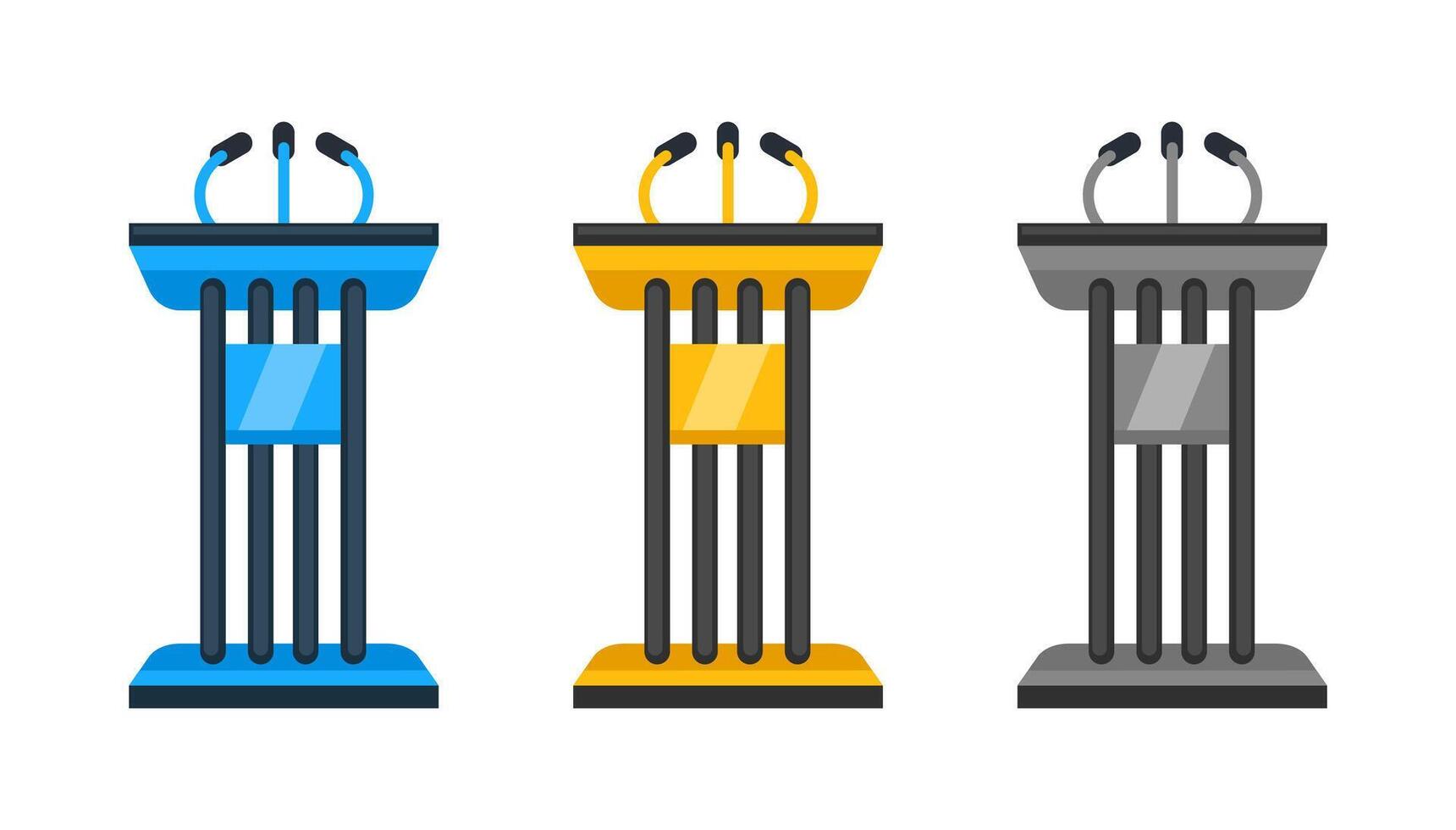 Set of podium tribune rostrum stands with microphones for conference or public speaker is isolated on white background vector