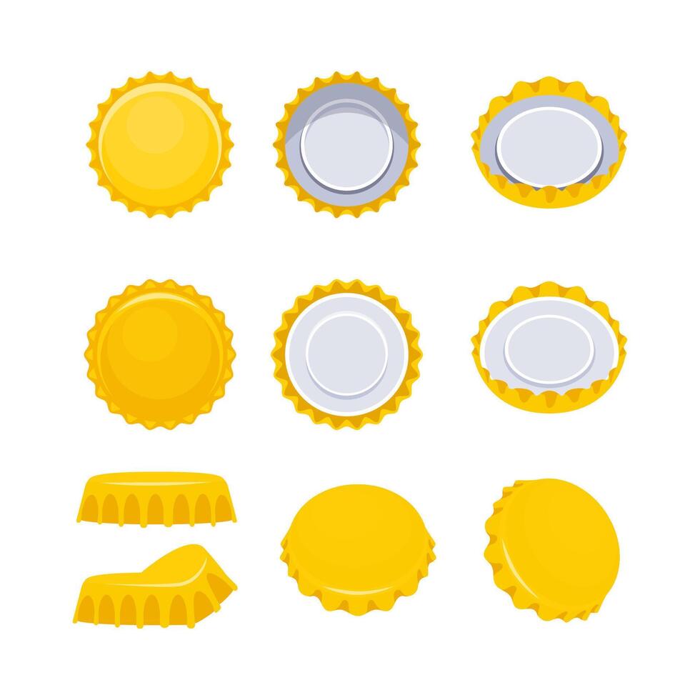 Nine yellow bottle caps lying in different positions, isolated on white background vector