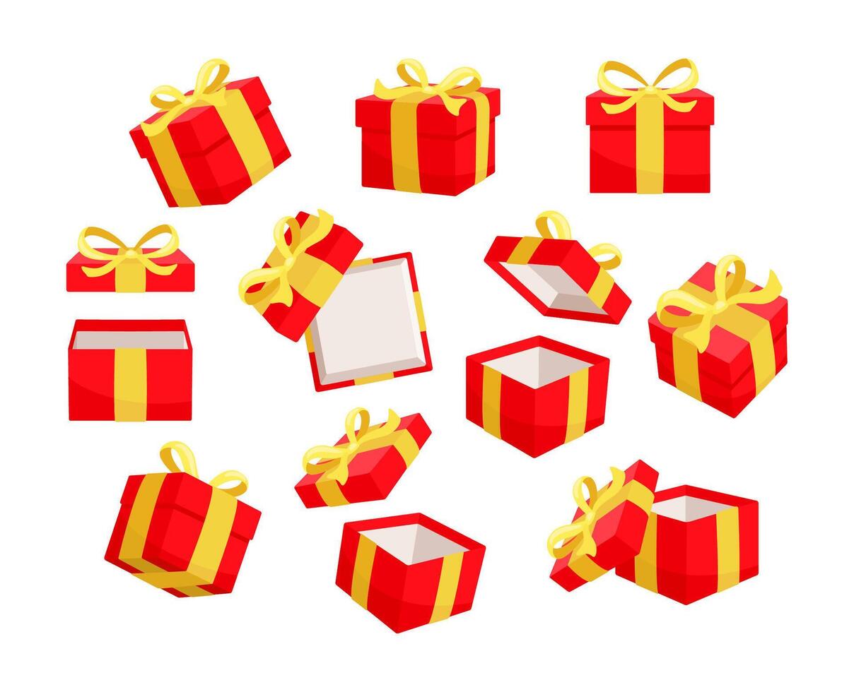 Red gift boxes with yellow ribbons are opening and closing against a white background vector