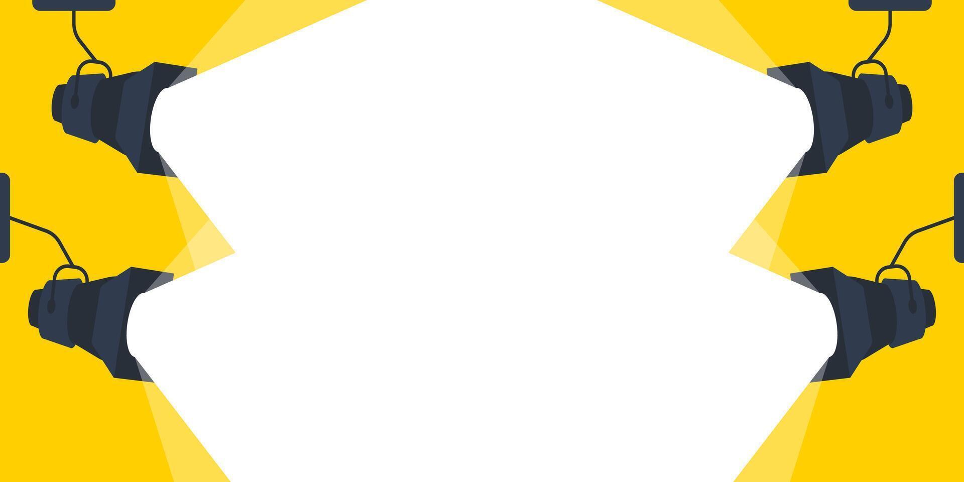 Four spotlights are shining on a blank white background, creating a bright yellow border vector